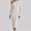 Arista Vintage Ivory Draped Crepe One Shoulder Midi Sukienka Arista Vintage Ivory Draped Crepe One Shoulder Midi Sukienka