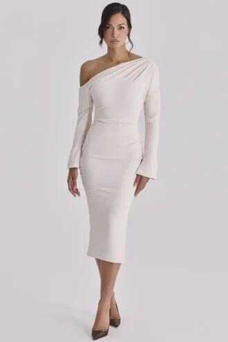 Arista Vintage Ivory Draped Crepe One Shoulder Midi Sukienka