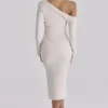 Arista Vintage Ivory Draped Crepe One Shoulder Midi Sukienka Arista Vintage Ivory Draped Crepe One Shoulder Midi Sukienka
