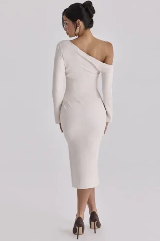 Arista Vintage Ivory Draped Crepe One Shoulder Midi Sukienka