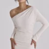 Arista Vintage Ivory Draped Crepe One Shoulder Midi Sukienka Arista Vintage Ivory Draped Crepe One Shoulder Midi Sukienka