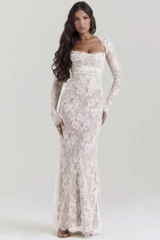 Artemis Vintage Kremowa Koronkowa Sukienka Maxi