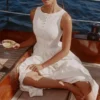 Azalina Biała sukienka maxi z bawełny z dekoltem w łódkę i zapięciem na guziki