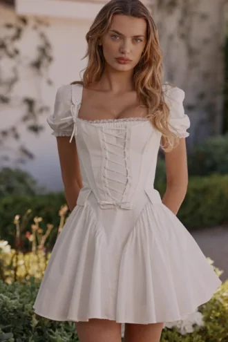 Biała bawełniana sukienka mini z odpinanym gorsetem „Lili” Biała bawełniana sukienka mini z odpinanym gorsetem „Lili”