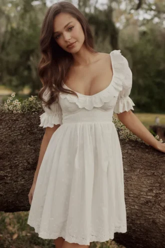 Biała mini sukienka babydoll Maisie z haftem angielskim w stylu regencyjnym