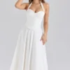 Biała sukienka midi z elastycznej bawełny z wiązaniem na szyi marki Georgie Biała sukienka midi z elastycznej bawełny z wiązaniem na szyi marki Georgie