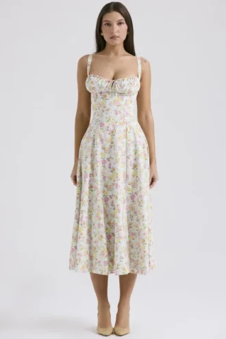 Błękitna bawełniana sukienka Letnia typu bustier z nadrukiem łąki Błękitna bawełniana sukienka Letnia typu bustier z nadrukiem łąki