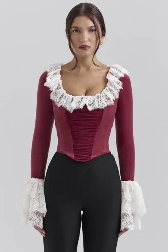 Bluzka gorsetowa Jacinda w kolorze cabernet z aksamitną koronką Bluzka gorsetowa Jacinda w kolorze cabernet z aksamitną koronką