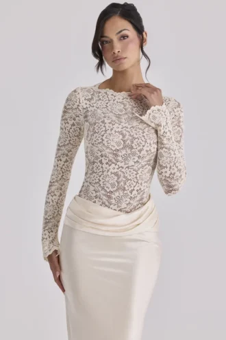 Body Ellie Vintage z długim rękawem z koronki w kolorze kości słoniowej