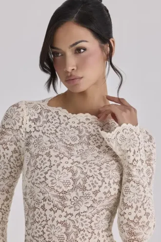 Body Ellie Vintage z długim rękawem z koronki w kolorze kości słoniowej