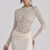 Body Ellie Vintage z długim rękawem z koronki w kolorze kości słoniowej