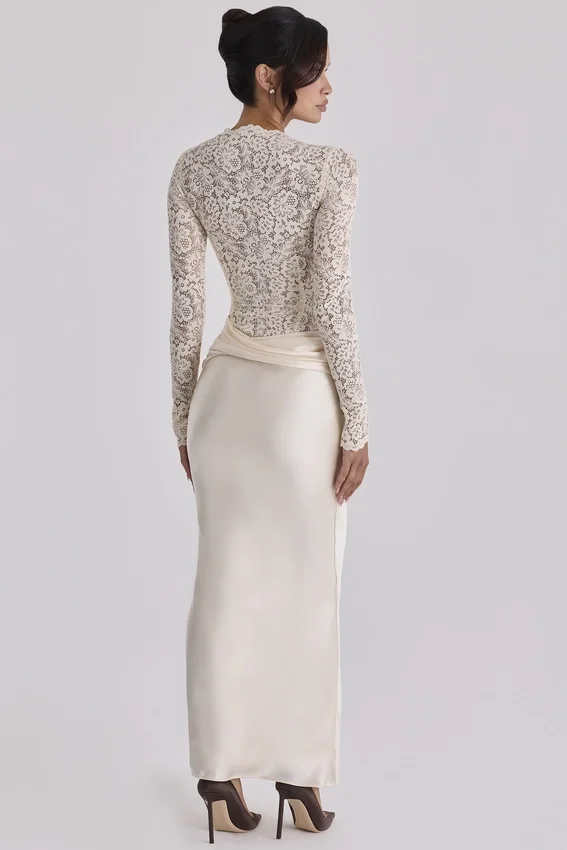 Body Ellie Vintage z długim rękawem z koronki w kolorze kości słoniowej
