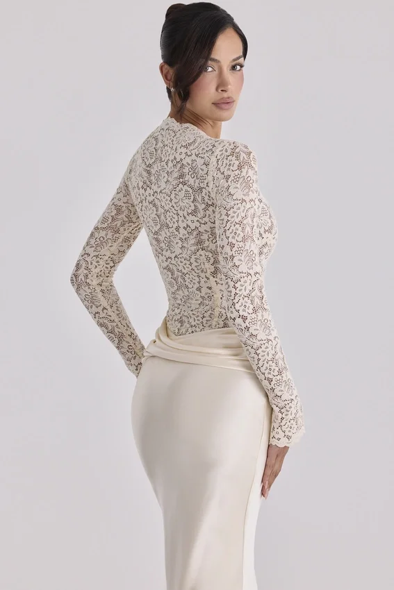 Body Ellie Vintage z długim rękawem z koronki w kolorze kości słoniowej
