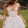 Brigitte Biała bawełniana mini sukienka z gorsetem w stylu broderie anglaise Brigitte Biała bawełniana mini sukienka z gorsetem w stylu broderie anglaise