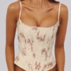 Cadie Ivory Vintage Rose Print Cotton Gorsety Topy Cadie Ivory Vintage Rose Print Cotton Gorsety Topy