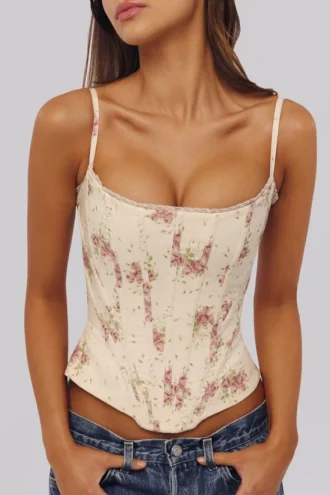 Cadie Ivory Vintage Rose Print Cotton Gorsety Topy Cadie Ivory Vintage Rose Print Cotton Gorsety Topy