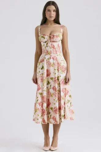 Carmen Pink Peony Print Cotton Bustier Sukienka Letnia
