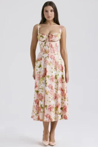 Carmen Pink Peony Print Cotton Bustier Sukienka Letnia