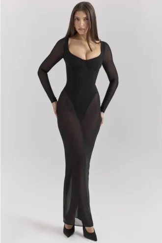Czarna sukienka maxi z siateczki Everly z Body