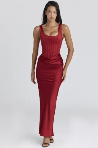 Czerwona satynowa sukienka maxi z gorsetem Kira Czerwona satynowa sukienka maxi z gorsetem Kira