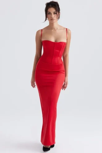 Czerwona satynowa sukienka maxi z gorsetem Shani Czerwona satynowa sukienka maxi z gorsetem Shani