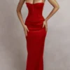 Czerwona satynowa sukienka maxi z gorsetem Shani Czerwona satynowa sukienka maxi z gorsetem Shani