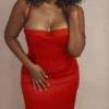Czerwona satynowa sukienka maxi z gorsetem Shani Czerwona satynowa sukienka maxi z gorsetem Shani