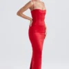 Czerwona satynowa sukienka maxi z gorsetem Shani Czerwona satynowa sukienka maxi z gorsetem Shani