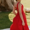 Czerwona Sukienka Letnia midi z elastycznej bawełny Mariabella Czerwona Sukienka Letnia midi z elastycznej bawełny Mariabella