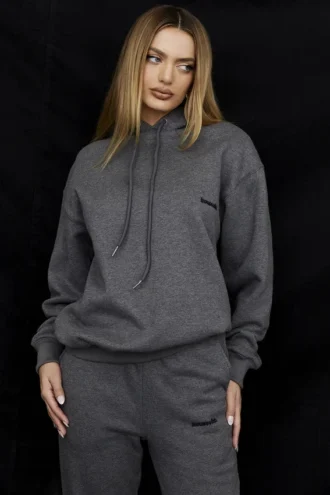 Halo Ciemnoszara bawełniana Bluza z Kapturem oversize z polarową podszewką Halo Ciemnoszara bawełniana Bluza z Kapturem oversize z polarową podszewką