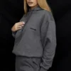 Halo Ciemnoszara bawełniana Bluza z Kapturem oversize z polarową podszewką Halo Ciemnoszara bawełniana Bluza z Kapturem oversize z polarową podszewką