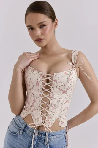 Kremowy gorset z bawełny w stylu vintage z kwiatowym wzorem „Callie” Kremowy gorset z bawełny w stylu vintage z kwiatowym wzorem „Callie”