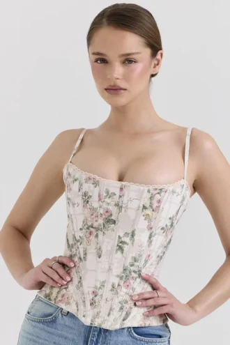 Kremowy top z bawełny w kwiaty Cadie Kremowy top z bawełny w kwiaty Cadie