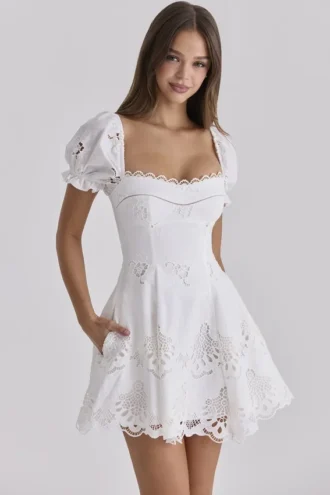 Lavina Biała sukienka mini z koronką na zamówienie + bawełna broderie anglaise