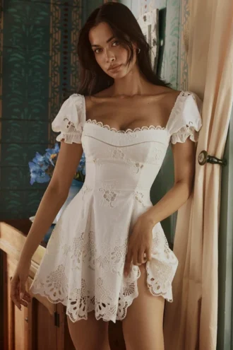 Lavina Biała sukienka mini z koronką na zamówienie + bawełna broderie anglaise