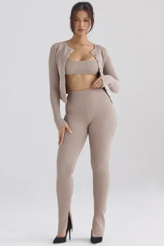 Legginsy z dzianiny prążkowanej Mitzi w kolorze taupe