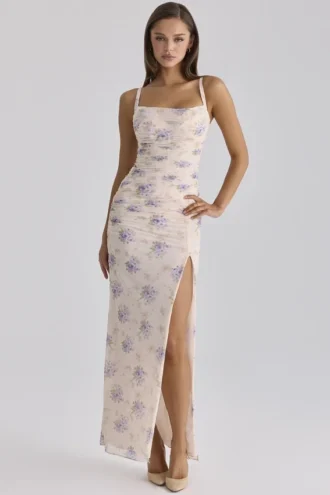 Lini Ivory Sweet Peony Print Stretch Mesh Maxi Sukienka