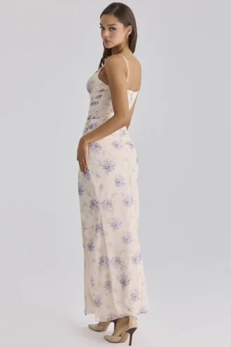 Lini Ivory Sweet Peony Print Stretch Mesh Maxi Sukienka
