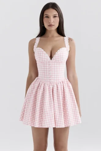 Mini sukienka gorsetowa Brigitte w kratkę truskawkową