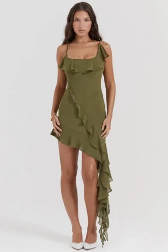 Mini sukienka Marcia Olive z falbanami