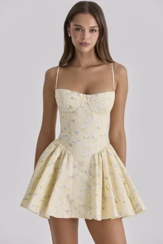 Mini sukienka z bawełny z gorsetem i kwiatowym nadrukiem Samaria Lemon Mini sukienka z bawełny z gorsetem i kwiatowym nadrukiem Samaria Lemon