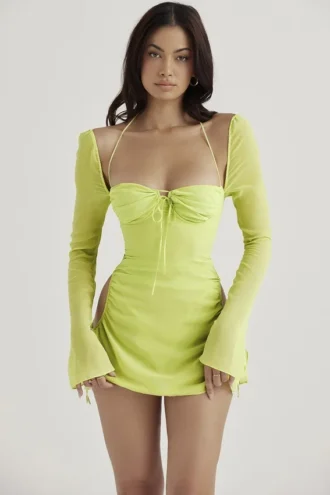 Mini sukienka z szyfonu w kolorze Baby Lime z wiązaniem na szyi Mini sukienka z szyfonu w kolorze Baby Lime z wiązaniem na szyi