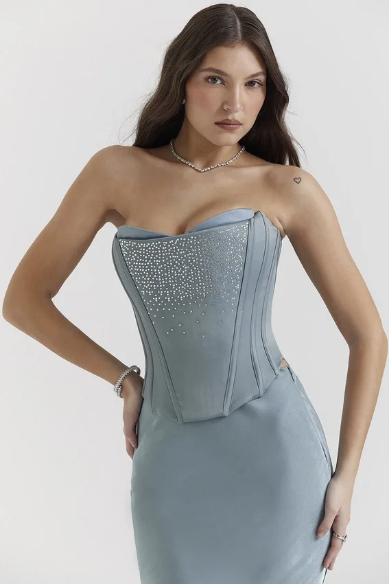 Nastassia Cool Blue Embellished Satin Gorsety Nastassia Cool Blue Embellished Satin Gorsety