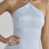 Niebieska satynowa sukienka maxi z dekoltem halter i godetami Avelina