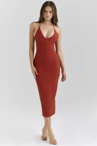 Ria Terracotta Elastyczna bawełniana sukienka midi o dopasowanym kroju Ria Terracotta Elastyczna bawełniana sukienka midi o dopasowanym kroju