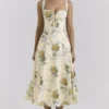 Rosalee Lemon Vintage Ribbon Print Cotton Midi Sukienka