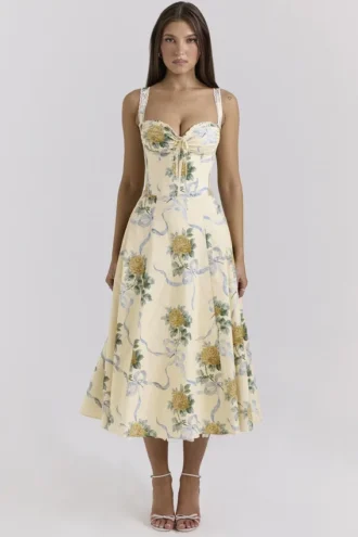 Rosalee Lemon Vintage Ribbon Print Cotton Midi Sukienka Rosalee Lemon Vintage Ribbon Print Cotton Midi Sukienka