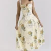 Rosalee Lemon Vintage Ribbon Print Cotton Midi Sukienka