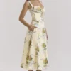 Rosalee Lemon Vintage Ribbon Print Cotton Midi Sukienka