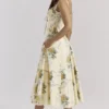 Rosalee Lemon Vintage Ribbon Print Cotton Midi Sukienka